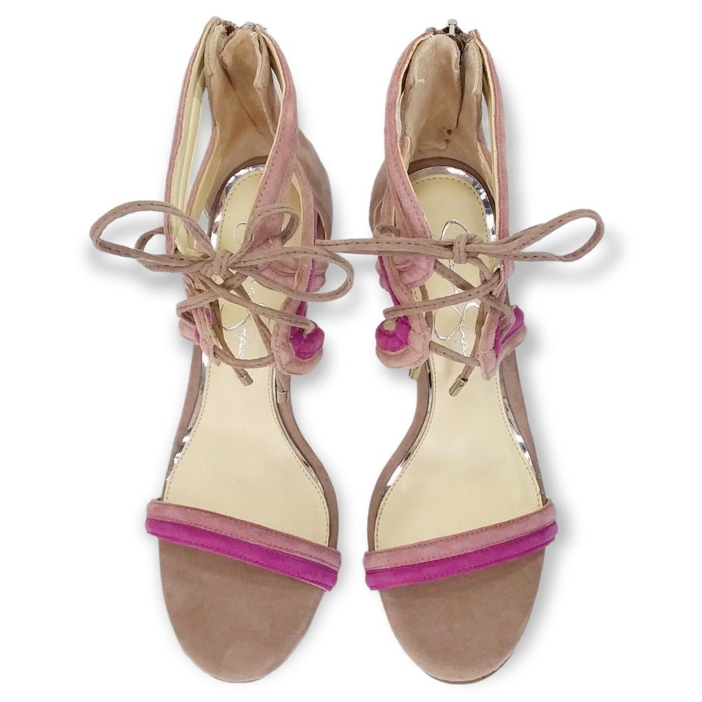 NEW Jessica Simpson Rensa Stiletto Heels Sandals Size 7.5M Taupe Purple Suede - Picture 3 of 12